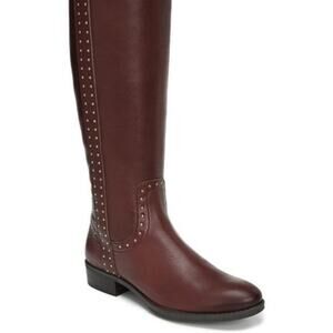 Sam Edelman Pull-On Prina Riding Boot Round Toe Side Zip Leather 7M Brass Detail